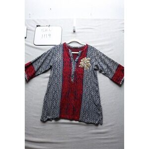 Agha Noor Tunic Top Womens Navy Red Embroidered Beaded Floral Kurta SKU 1119